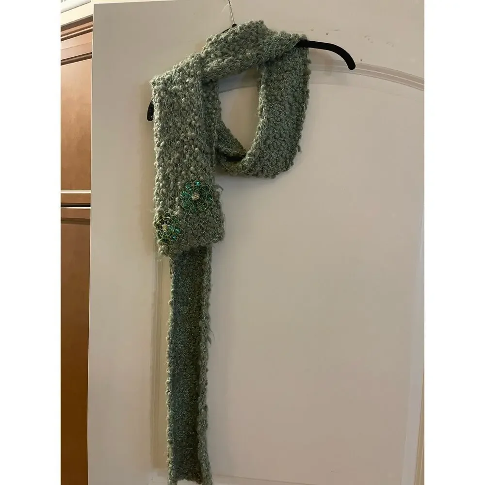 Scarf - safe green with matching appliqué at the end handknit 5”+wide.